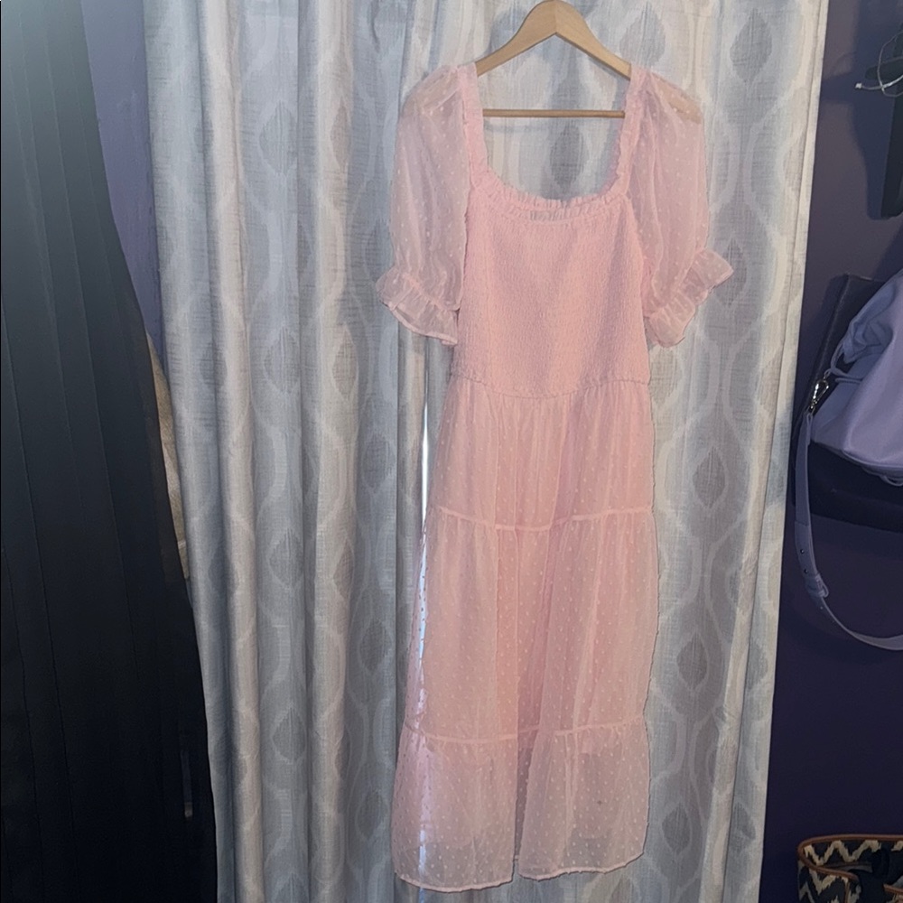 Women's Pink Maxi Dress with Puff Sleeves